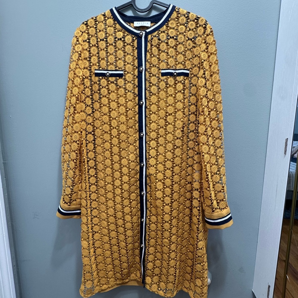 Sandro Mustard Yellow Crochet Cardigan with Navy Trim